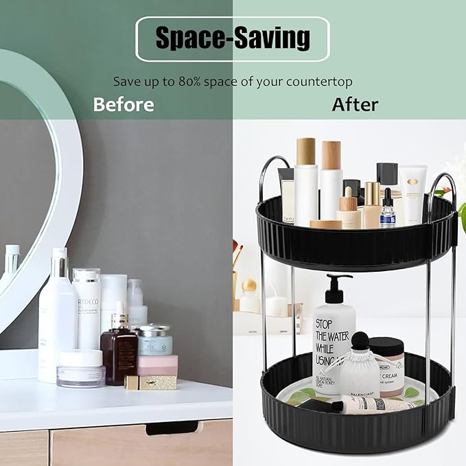 Rotating Makeup Organizer Countertop 2 Tier Lazy Susan Trays Spinning Skincare Perfume Storage for Bathroom Counter Vanity, B