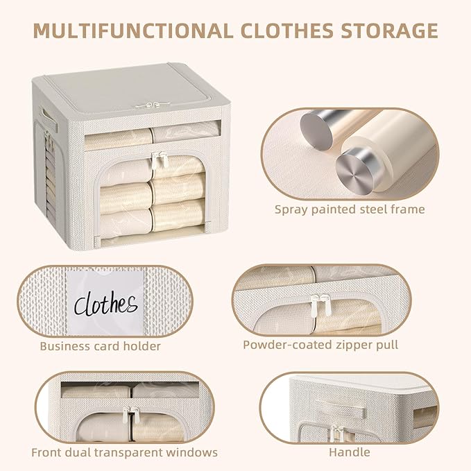 FHSQX 6 Pack Foldable Storage Bins for Clothes Clothes Storage Bins with Metal Frame Stackable Storage Box with Lid (Cream Wh