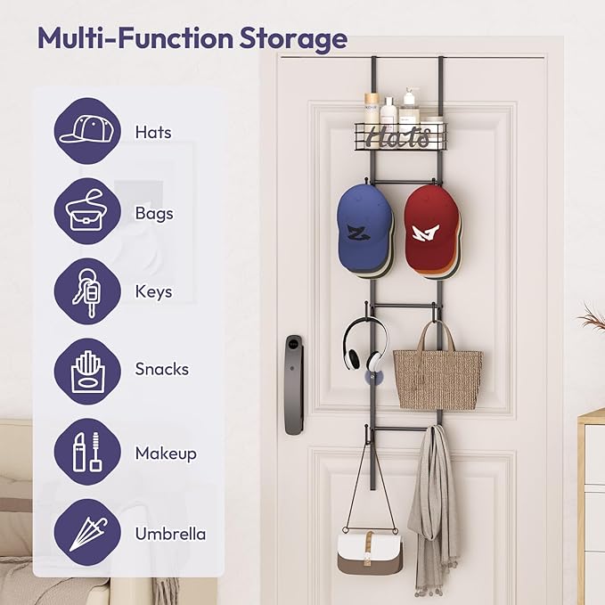 SWTYMIKI Over Door Hat Organizer - Wall Mounted Hat Rack with 6 Hooks and Metal Basket Design, Hanging Baseball Cap Organizer