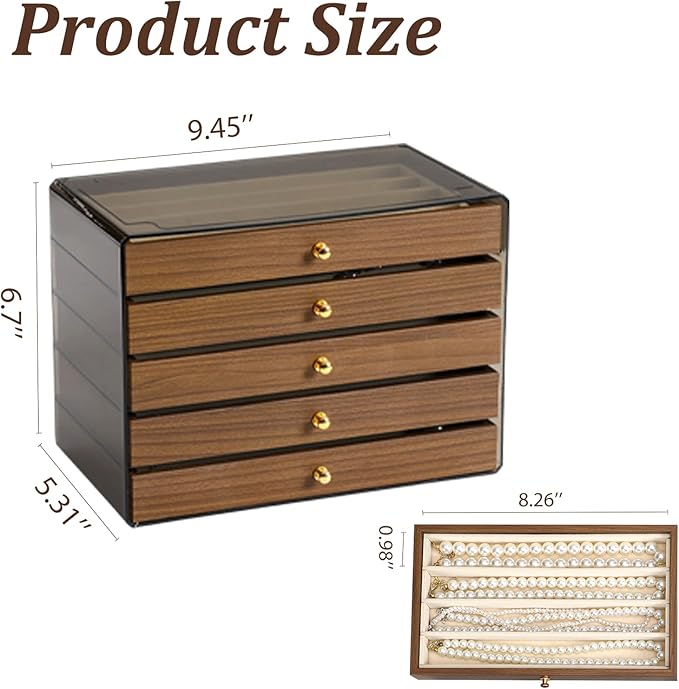 CLUQMEIK 5 Layer Necklace Jewelry Box, Vintage Wooden Jewelry Box with Acrylic Cover Stackable Necklace Storage Organizer for