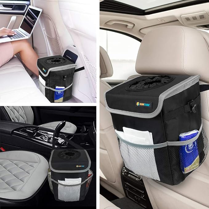 SUN CUBE Waterproof Car Trash Can with Lid, Mesh Pockets | Leakproof Car Garbage Can Hanging | Auto Trash Bin, Garbage Bag Organizer for Headrest, Console, Truck (Black/Gray)