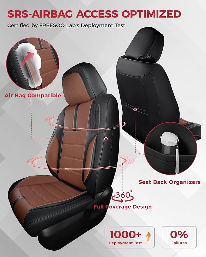 FREESOO Black Brown Car Seat Covers Full Set - Faux Nappa Leather Seat Covers for Cars, with Front Seatbelt Pads, Ultra Water