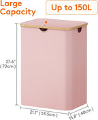 Lifewit 150L Laundry Basket with Lid, Clothes Hampers for Laundry with Bamboo Handles and 2 Removable Bag, Large Foldable Lau
