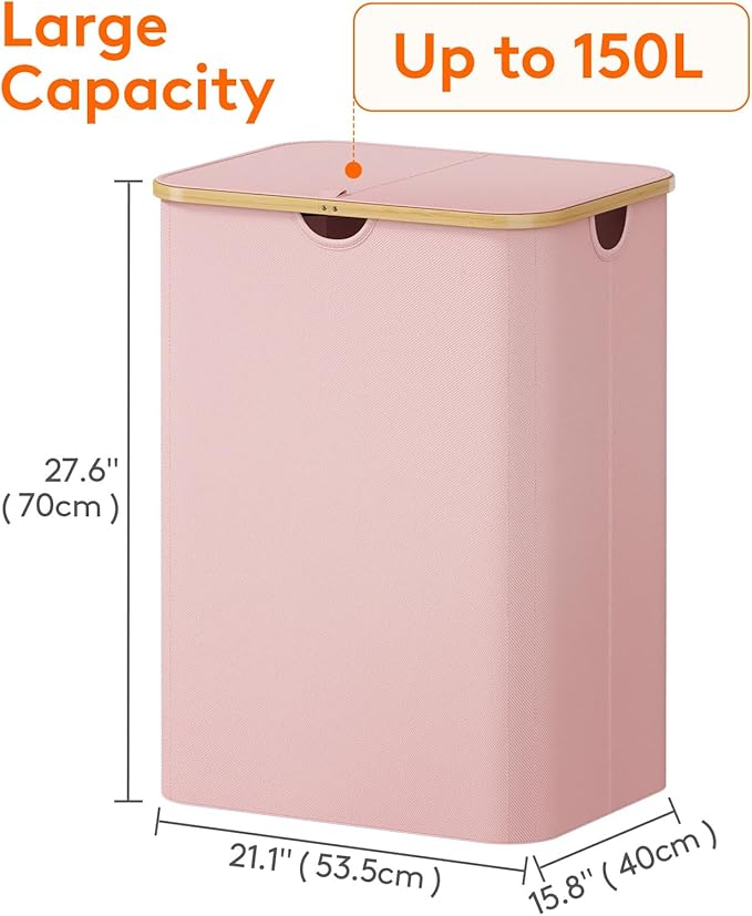 Lifewit 150L Laundry Basket with Lid, Clothes Hampers for Laundry with Bamboo Handles and 2 Removable Bag, Large Foldable Lau
