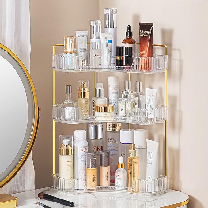 shuang qing 3-Tier Corner Bathroom Counter Organizer – Storage Shelf for Makeup, Perfume & Skincare, Space-Saving Countertop 