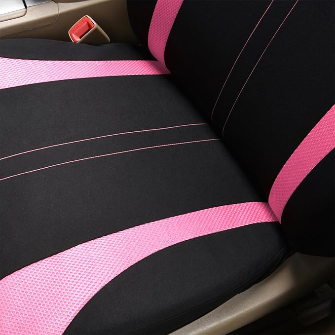Flying Banner Car Seat Covers Full Set Front Seats and Rear Bench Mesh Fabric Splicing Polyester Cover Black with Pink Color