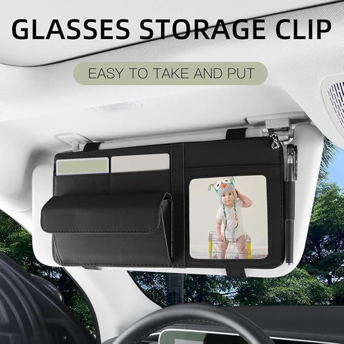 Car Sun Visor Organizer, Visor Storage Pouch Holder with a Picture Frame, Visor Document Holder for Truck, with Sunglasses Clip, Essential Visor Accessories for Driver Auto Owners BLack