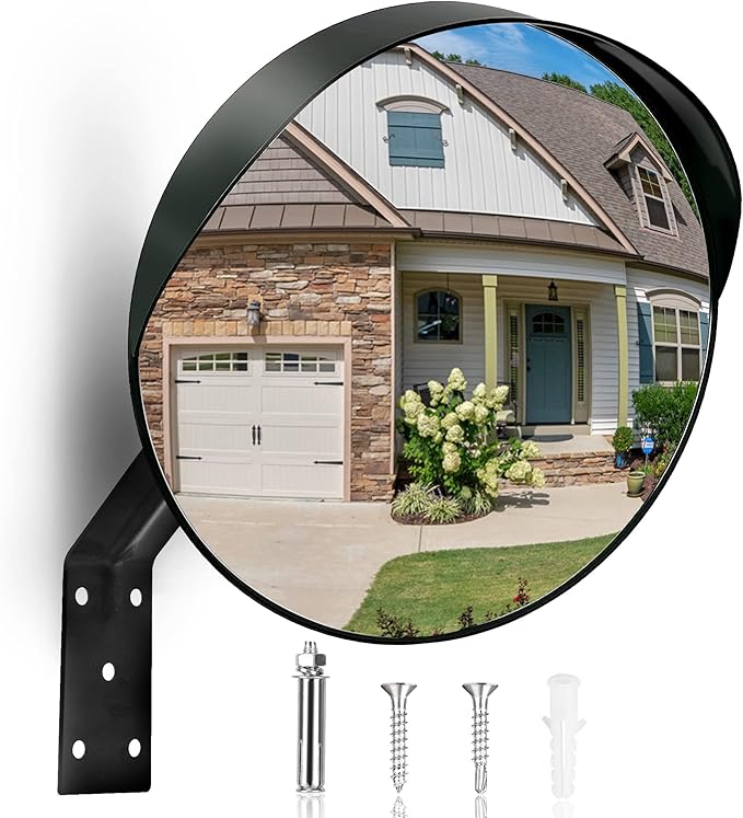 12-Inch Convex Security Corner Mirror (Clear View) - Adjustable Fixing Bracket, Wide Angle, Indoor and Outdoor Use - Ideal for Warehouse, Office, Parking Garage, and Traffic Safety (Black)