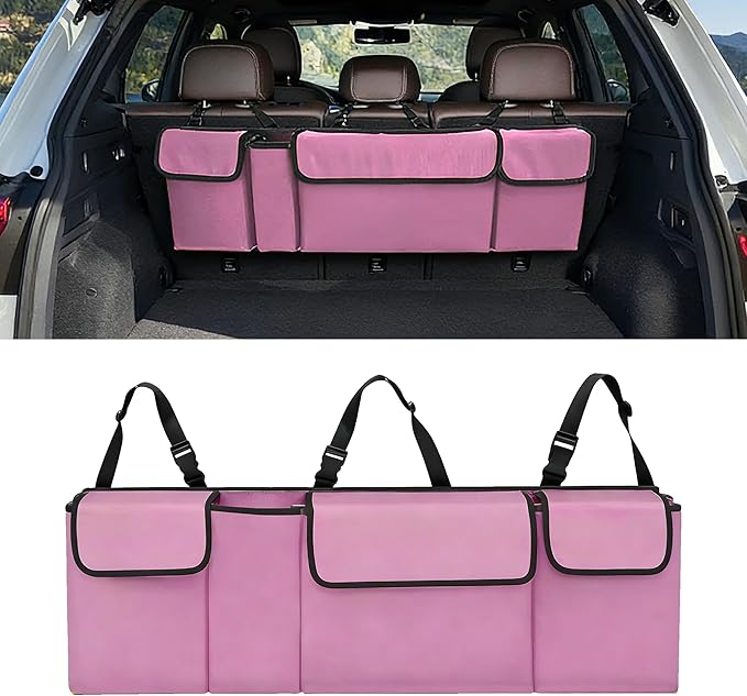 Car Trunk Organizer, Waterproof Backseat Hanging Large Storage with Adjustable Straps, Collapsible Cargo Bag with 4 Pockets,