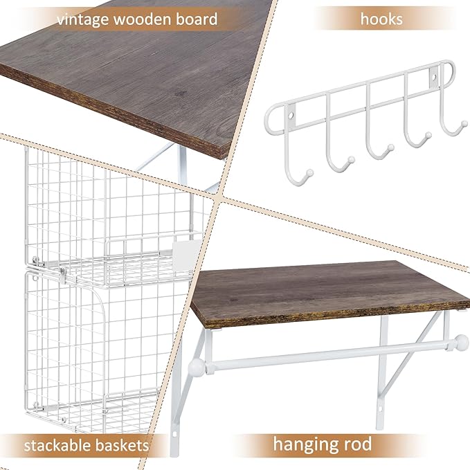 DAOUTIME 2 Set Laundry Room Wall Mounted Shelves With Wire Storage Baskets, Over Washer and Dryer With Hanging Rods and Hooks