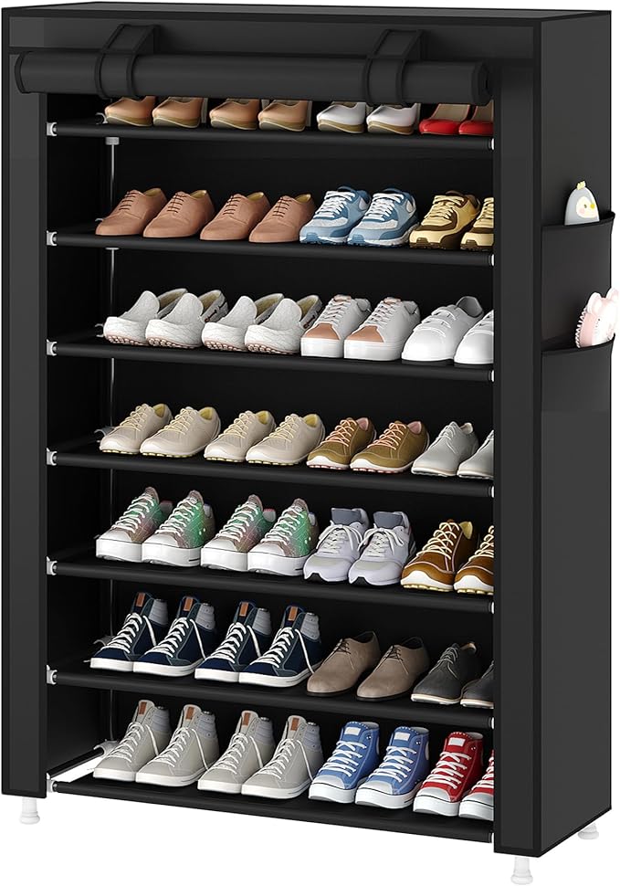 Laiensia 7-Tier Vertical Shoe Rack Organizer, Space Saving Shoe Storage Organizer, Non-Woven Cover Shoe Shelf Holds 28-35Pair