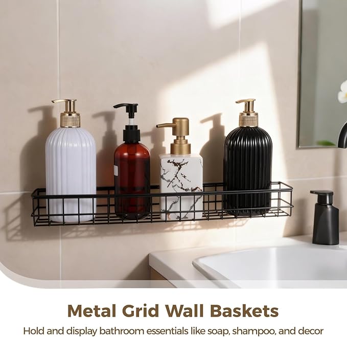 4 Pcs Metal Grid Wall Baskets with Hooks, 15.75 x 3.94 x 1.97 Inch Grid Wall Shelves Hanging Wire Basket Multi Function Stora