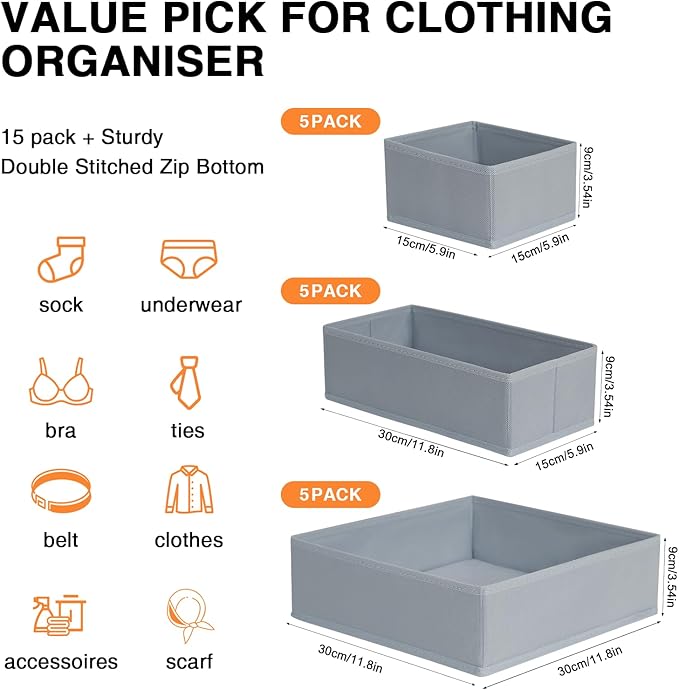DIMJ Drawer Organizer Clothes, 15 Pack Underwear Organizer, Foldable Closet Bins, Sock Organizer Bra Cube, Fabric Dresser Box