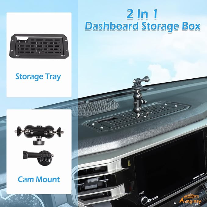 Car Center Console Dashboard Storage Organizer Tray with Dash Cam Mount Holder Compatible with Toyota Tundra/Sequoia 2022-2026, Car Cameras Bracket for Go pro/Action Camera Video Record Accessories