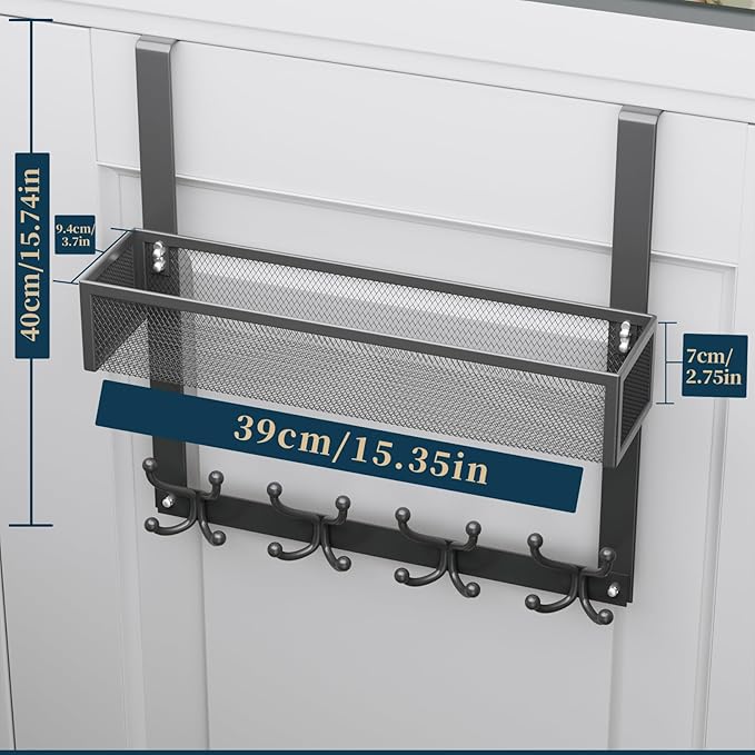 Consumest Over The Door Hooks Organizer - Over Door Hanger with 16 Hooks & 2 Baskets for Hanging Coat, Clothing, Towel, Hangi