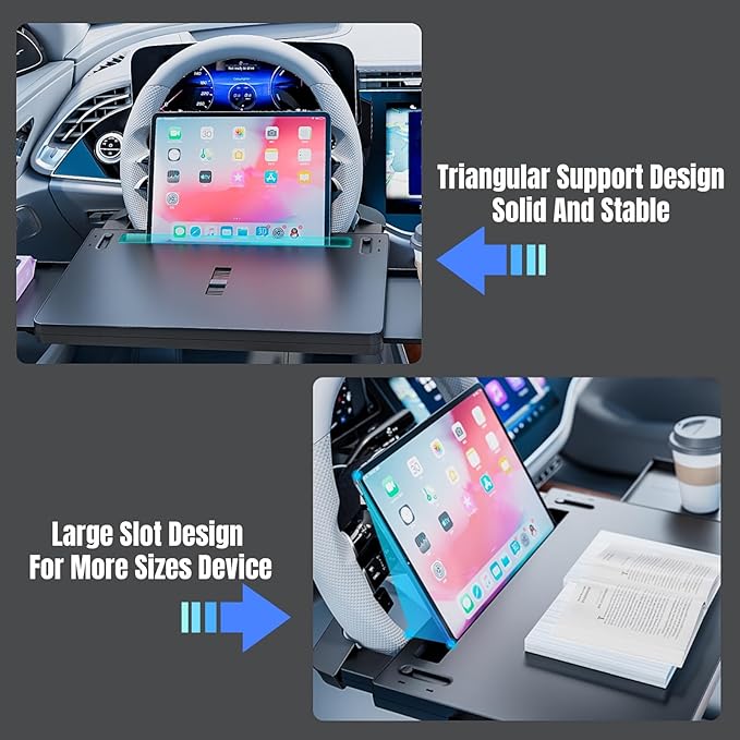 Large Car Steering Wheel Desk with Retractable Tray, Car Steering Wheel Tray Laptop Mount for Eating Food Drink and Writing Work, Fits for Most Cars (Black)
