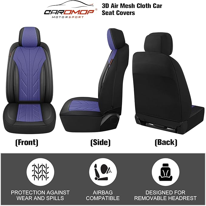 CAROMOP Breathable Cloth Fabric Car Seat Covers 2 Front Seats,Faux Leather 3D Foam Back Support Seat Cover for Car,Universal 