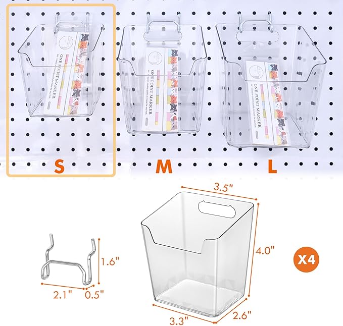LIGHT DUST Clear Pegboard Cups with Hooks, 1/8" & 1/4" Peg Board Orangizer Accessories Aesthetic Decoration for Garage Workbe