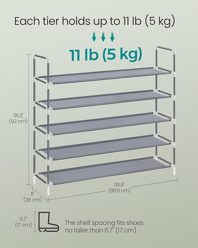 SONGMICS 5-Tier Shoe Rack, Shoe Storage for Hallway Closet, Slim and Space-Saving, Metal Frame, Non-Woven Fabric Shelves, Gre