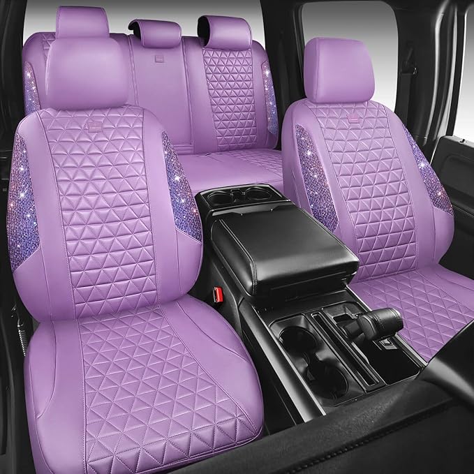 CAR PASS Light Purple Bling Diamond Leather Car Seat Covers Full Sets, Waterproof Shining Glitter Sparkly Crystal Universal A