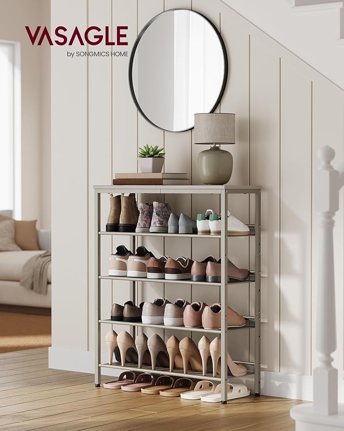 VASAGLE Shoe Rack for Entryway, 5-Tier Shoe Rack Organizer with Storage Shelves and Spacious Top, Freestanding, Adjustable, I