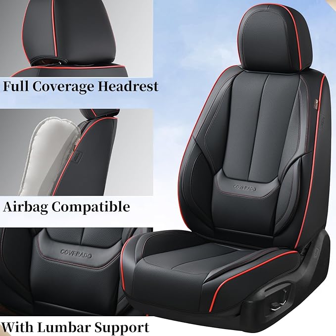 Coverado Car Seat Covers Full Set, Seat Covers for Cars, Black Car Seat Protector Waterproof, Nappa Leather Car Seat Cushion,