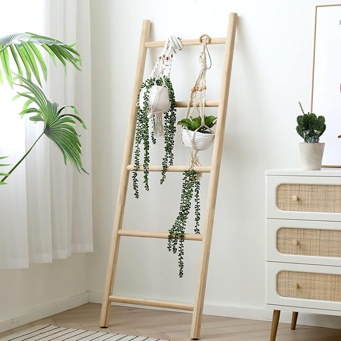 FUIN Fully Assembled 57in Bamboo Blanket Ladders Living Room Wood Decorative Wall Leaning Farmhouse Quilt Display Holder Rust