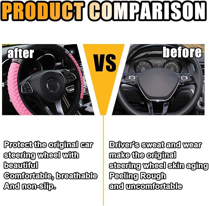 Bling Soft Leather Steering Wheel Cover, 15 Inch Colorful Rhinestones Auto Elastic Protector with Crystal Diamond for Women G