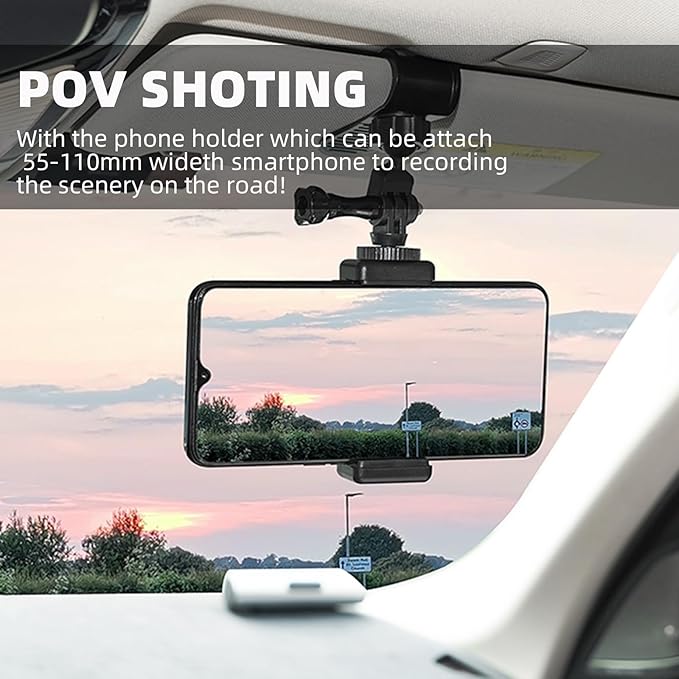 Car Sun Visor Mount for Insta360 X5 X4 X3, Car Mount Inside Holder with Phone Clip for DJI Osmo Pocket 3/360 Action 5 Pro 4 3/Xtra Muse, Go-Pro POV Mount Vlog/Video Smartphone Accessories