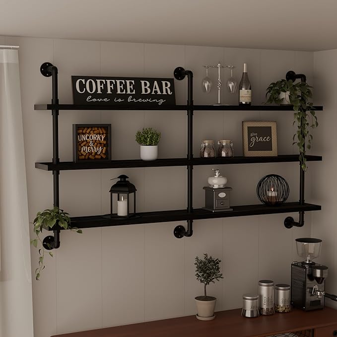 Industrial Pipe Shelving Rustic Black Pipe Wall Shelves Industrial Shelves with Wood Planks Floating Shelves 60 Inch Farmhous