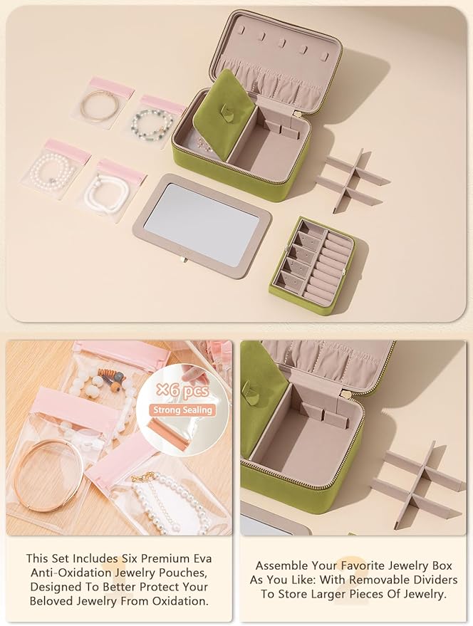 Velvet Travel Jewelry Box with Large Mirror, Double-Layer Jewelry Organizer Case for Women and Girls, Portable Storage Case w