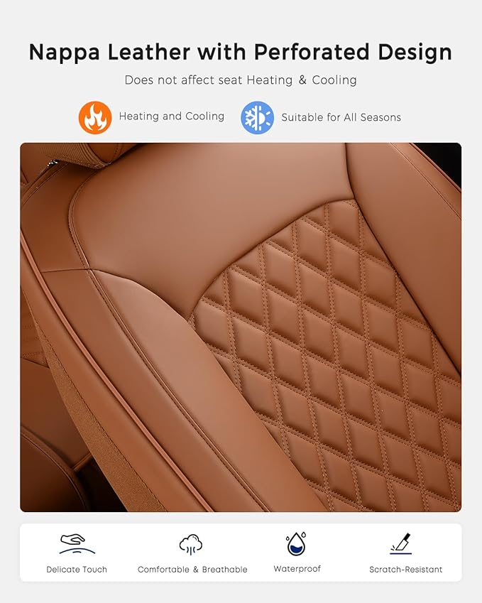 Huidasource Brown Seat Covers, Nappa Leather Car Seat Covers, Velcro Adjustable, Compatible with Airbags, Armrests, Child Sea