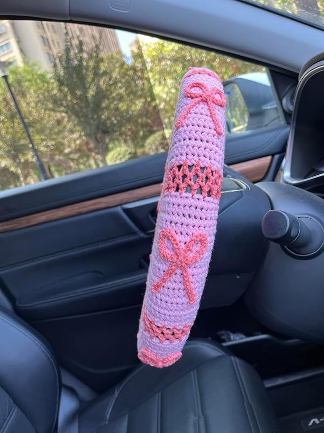 Handmade Crochet Pink Bow Car Steering Wheel Covers Universal 14-15 inch,Cute Steering Wheel Cover,Car Accessories (A,Steering Wheel Cover)