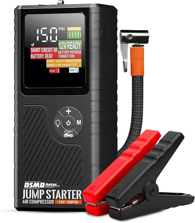 Jump Starter with Air Compressor, Portable Car Battery Jump Starter, 150 PSI Tire Inflator & Battery Booster - Starts