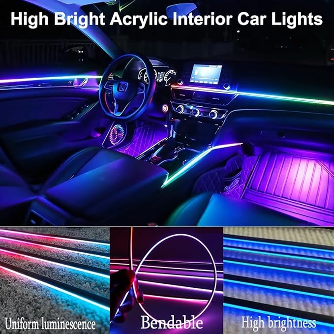 Ambient Lighting Car Led Lights Interior,57in USB Dreamcolor 2 in 1 Acrylic Neon Flexible Strip Fiber Optic LED Ambient Lighting Kits with Remote APP, RGB Music Lights Sync for Inside car Decorations