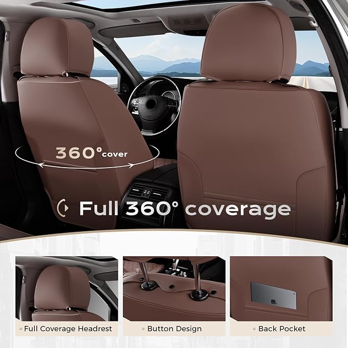Coverado Full Set Car Seat Covers, Brown Leather Seat Protectors for Cars, Waterproof Luxury Front & Back Car Seat Covers, Un