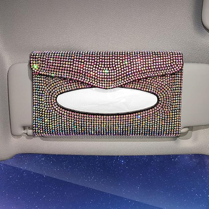 Bling Car Sun Visor Tissue Box Holder Pure Hand-Made Sparkling Crystal Auto Napkin Holder PU Leather Backseat Tissue Case for Women (Pink)