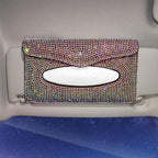 Bling Car Sun Visor Tissue Box Holder Pure Hand-Made Sparkling Crystal Auto Napkin Holder PU Leather Backseat Tissue Case for Women (Black)