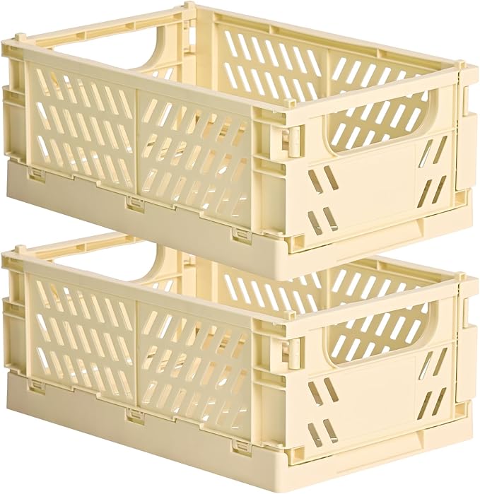 HUUSMOT 2-Pack Small Pastel Plastic Storage Baskets, Collapsible Crates for Organizing, Space-Saving Mini Bins for Classroom,