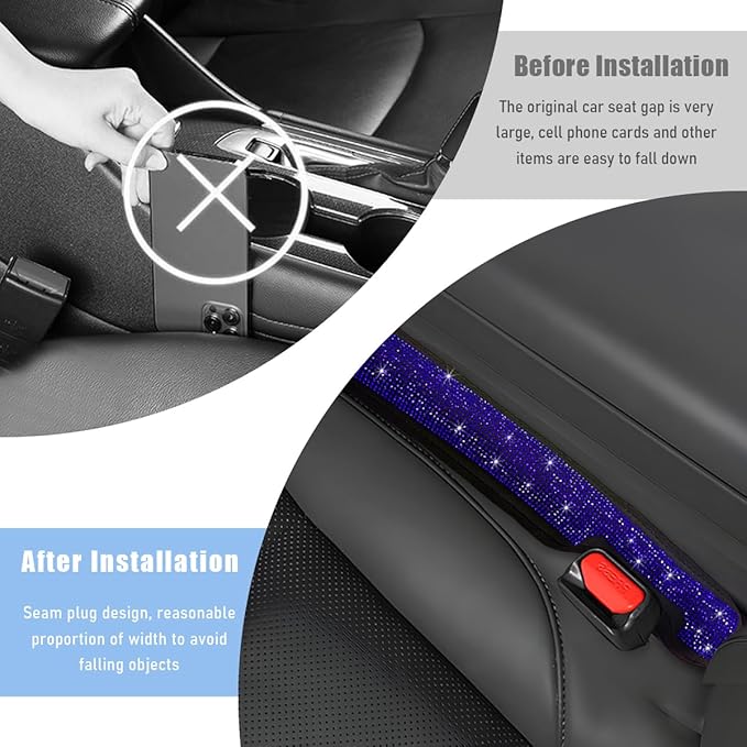 2PCS Bling Car Seat Gap Filler, Sparkling Rhinestone Side Seat Gap Blocker Stop Things from Dropping, Soft Foam Car Truck Filler Blocker Fill The Gaps Between Seats and Console (Blue)