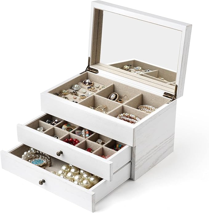 Meangood Jewelry Box Organizer for Women, 3 Layer Large Jewelry Storage Case, Rustic Wooden Jewelry Box with Mirror & Ring Tr