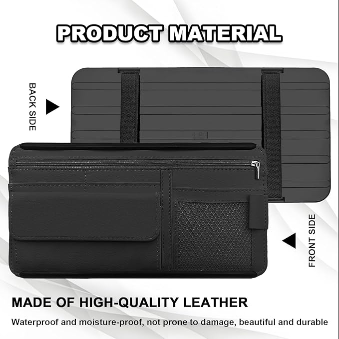 Car Sun Visor Storage Bag, Soft Leather Surface Organizer, Scratch-Resistant Auto Sunshade Organizer Bag, Can Store ID Card, Eyeglasses, Pen, Driving License etc (Black)