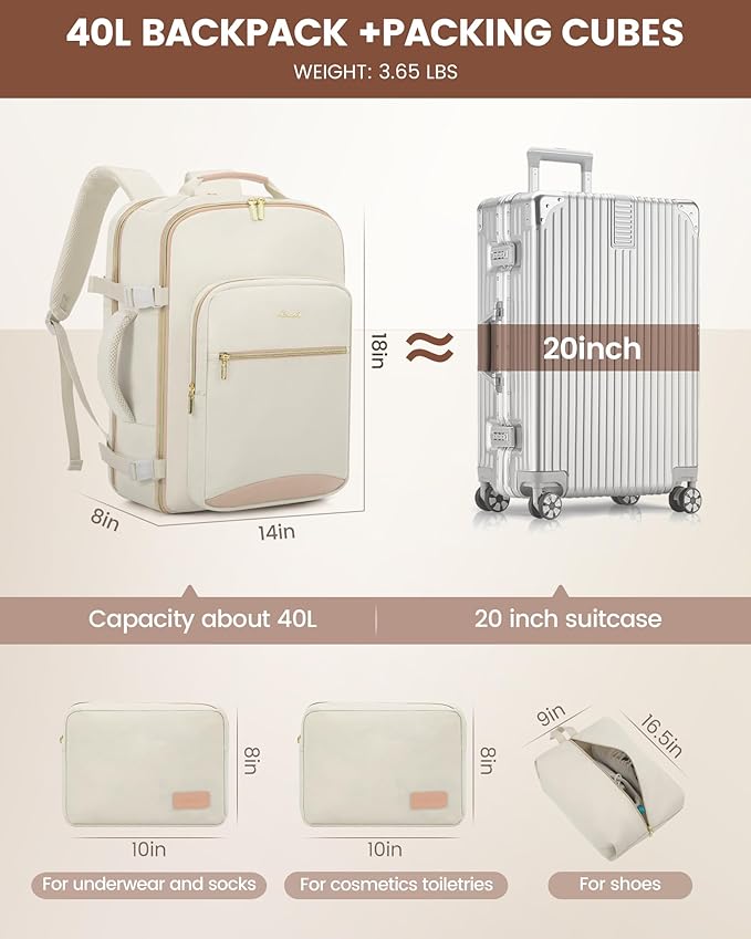 LOVEVOOK Travel Backpack for Women & Men 40L,Airline Approved Carry On Backpack Travel Essential,TSA Carry on Luggage,Waterpr
