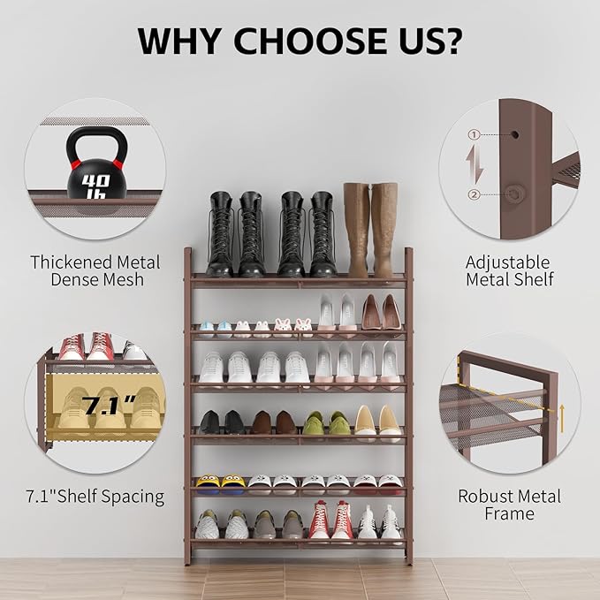 6-Tier Metal Large Shoe Rack,Tall Shoe Rack for Closet,entryway,Garage, with Adjustable Flat or Angled Shelves, Hold 20-26 Pa