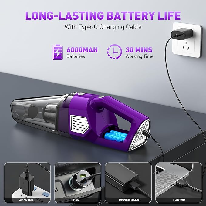 Handheld Vacuum Cordless, 15000PA Powerful Suction Car Vacuum Cleaner Lightweight with Multi Accessories, Hand held Vacuum Cl