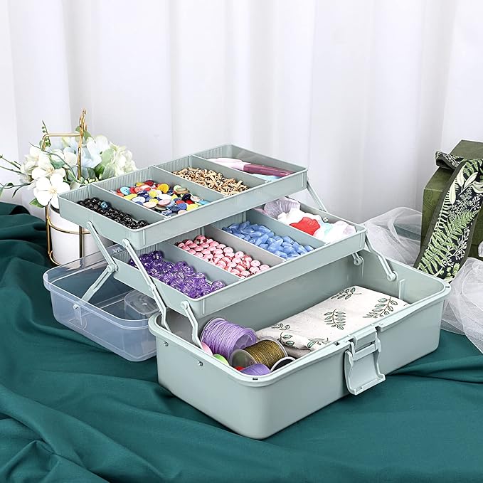 BTSKY 3-Layer Plastic Dividing Storage Box Craft Organizer and Storage with Adjustable Spacers Portable Handled Art Supply Or