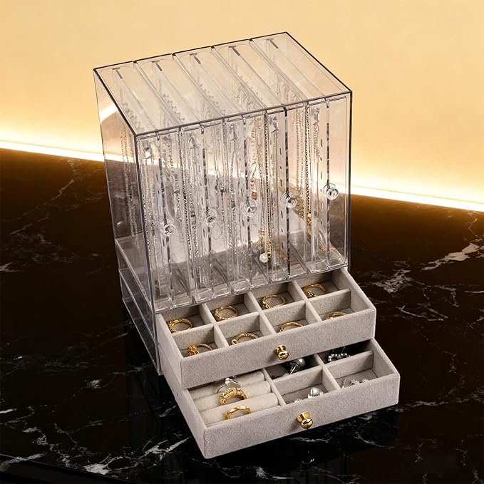 Greenfeather Jewelry Organizer with 7 Removable Drawers, Clear Acrylic Jewelry Box with 40 Necklace Hooks, 120 Pairs of Earri
