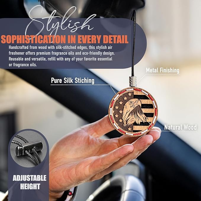 Handmade Wood Car Air Freshener — American Flag Designed Refillable Essential Oil Diffuser — Long Lasting diAquatoria Fragran