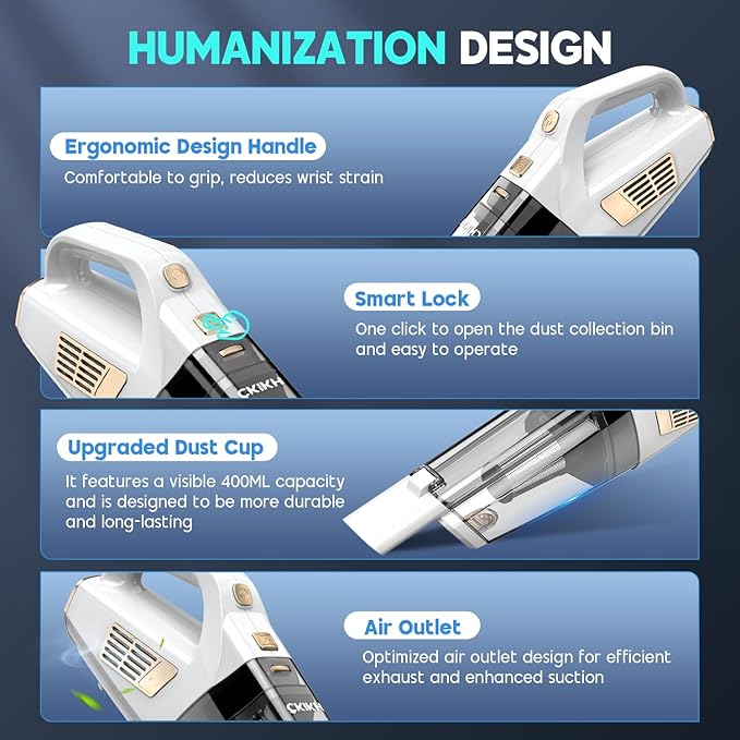 Handheld Vacuum Cordless, 15000PA Strong Suction Hand Held Car Vacuum Cleaner Portable with Multi-Nozzles & Washable Filter, 