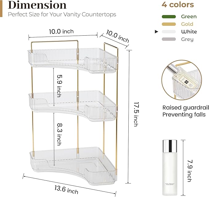 Aveniee Corner Bathroom Counter Organizer, Bathroom Countertop Shelf Makeup Storage, Clear Perfume Tray Holder (3 Tiers, Whit
